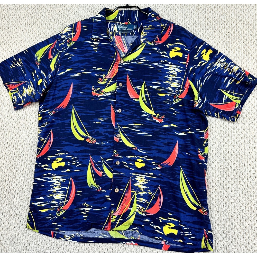 Vtg Polo Ralph Lauren Loop Collar Shirt Men L Navy Viscose Sailboats Ocean Retro